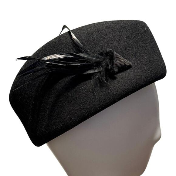 Vintage Morgan Taylor Black Wool Hat Feather Fascinator Made in Italy WPL 8048 - Picture 4 of 7